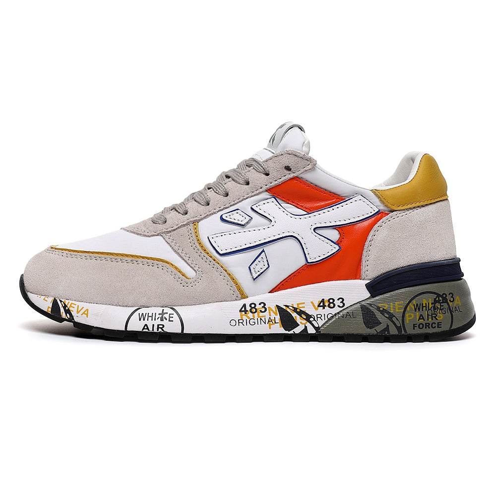 Premiata 483 Low-Top Sneaker in White, Grey and Orange