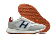 Hermès Grey and White Low-Top Sneakers with Blue Accents