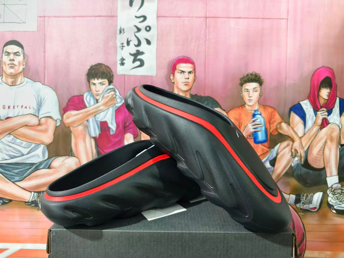 Adidas Black and Red Slip-On Clogs