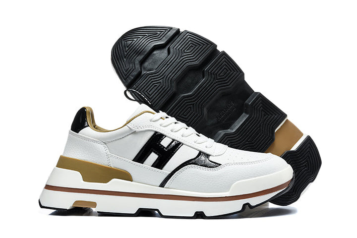 Hermès White and Black Low-Top Sneakers with Brown Trim