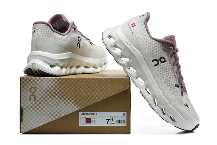 On Cloudmonster 3 Running Shoes in White and Mauve