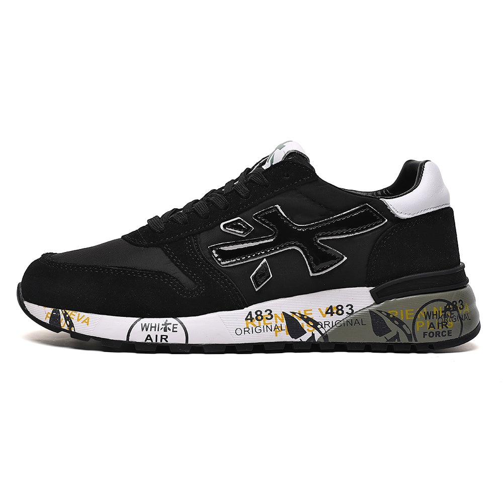 Black and White Low-Top Sneakers with Graphic Sole