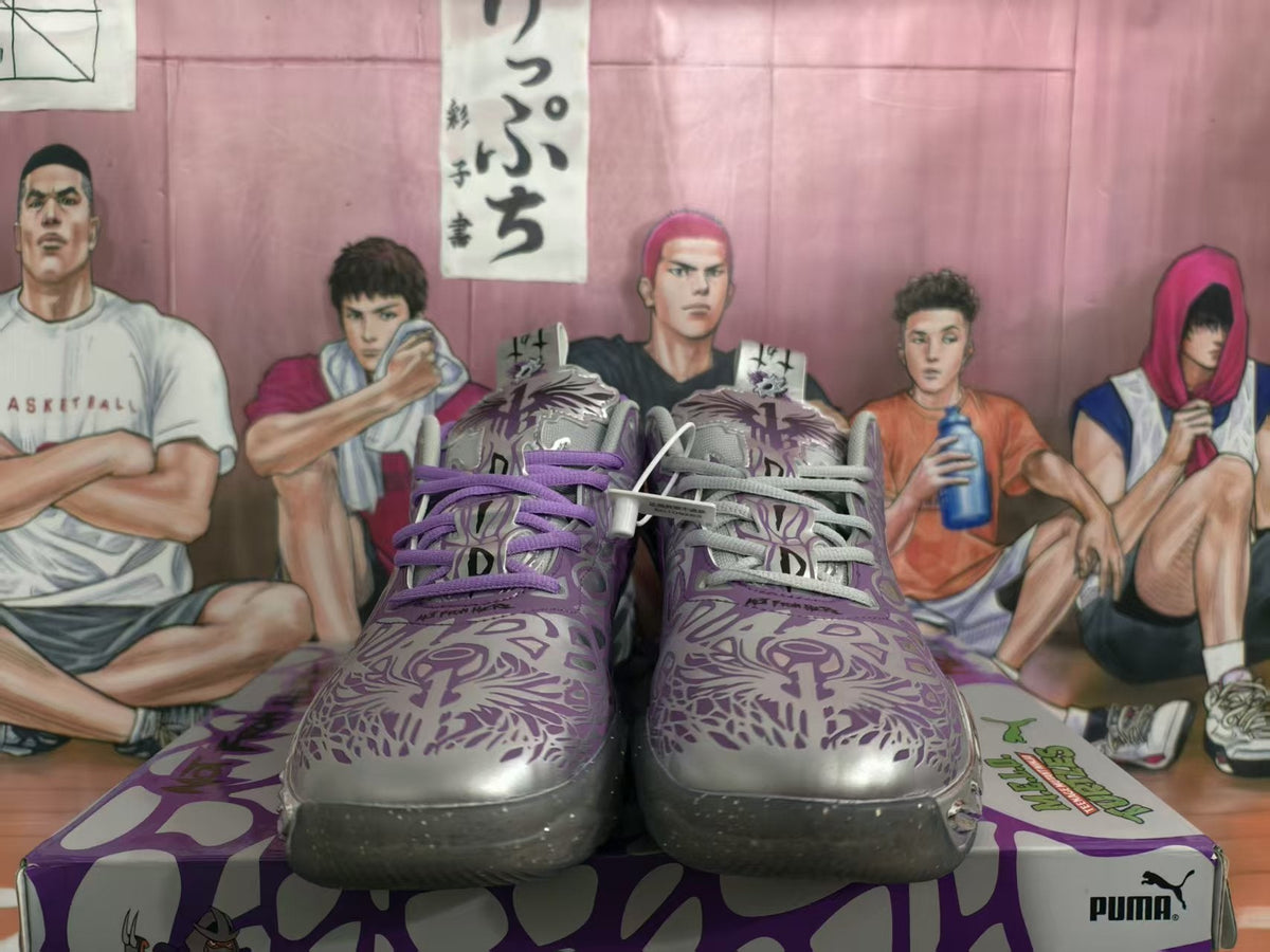 Puma Melo Basketball Sneakers Bright Gray and Purple