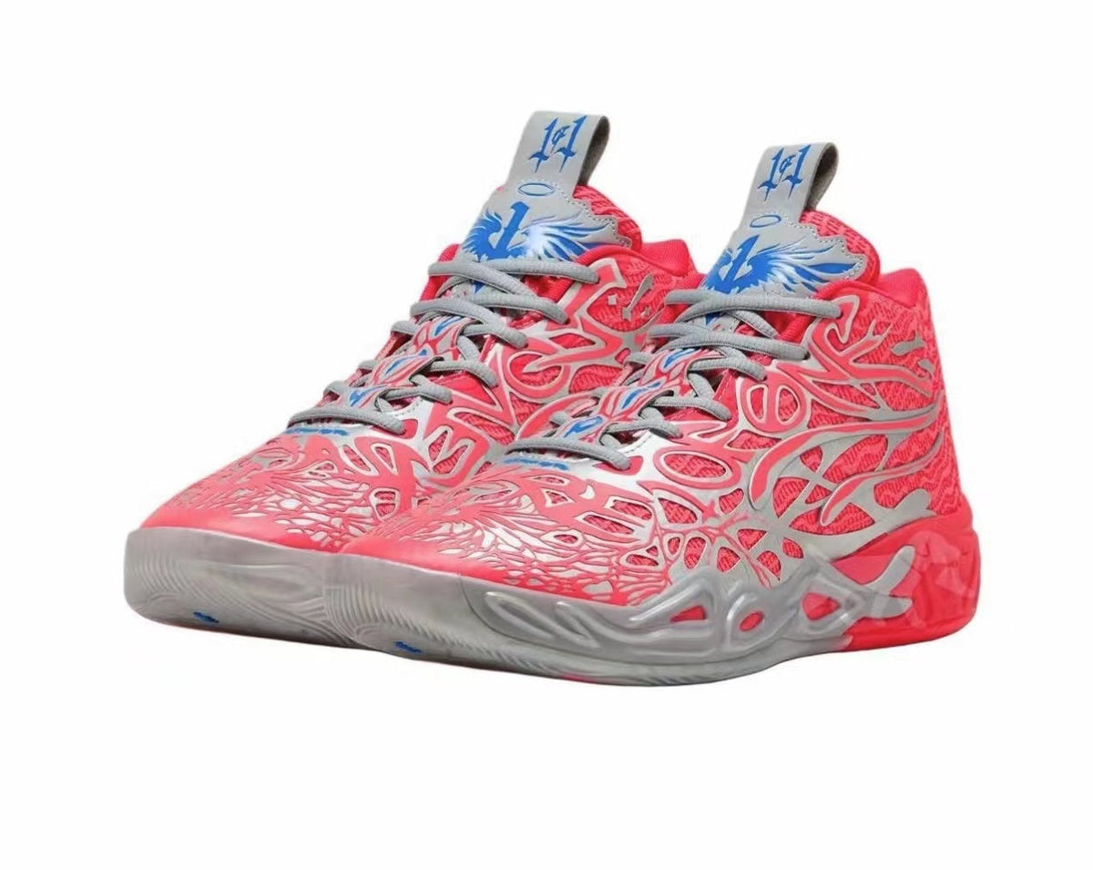 Pink and Gray Basketball Sneakers with Blue Accents